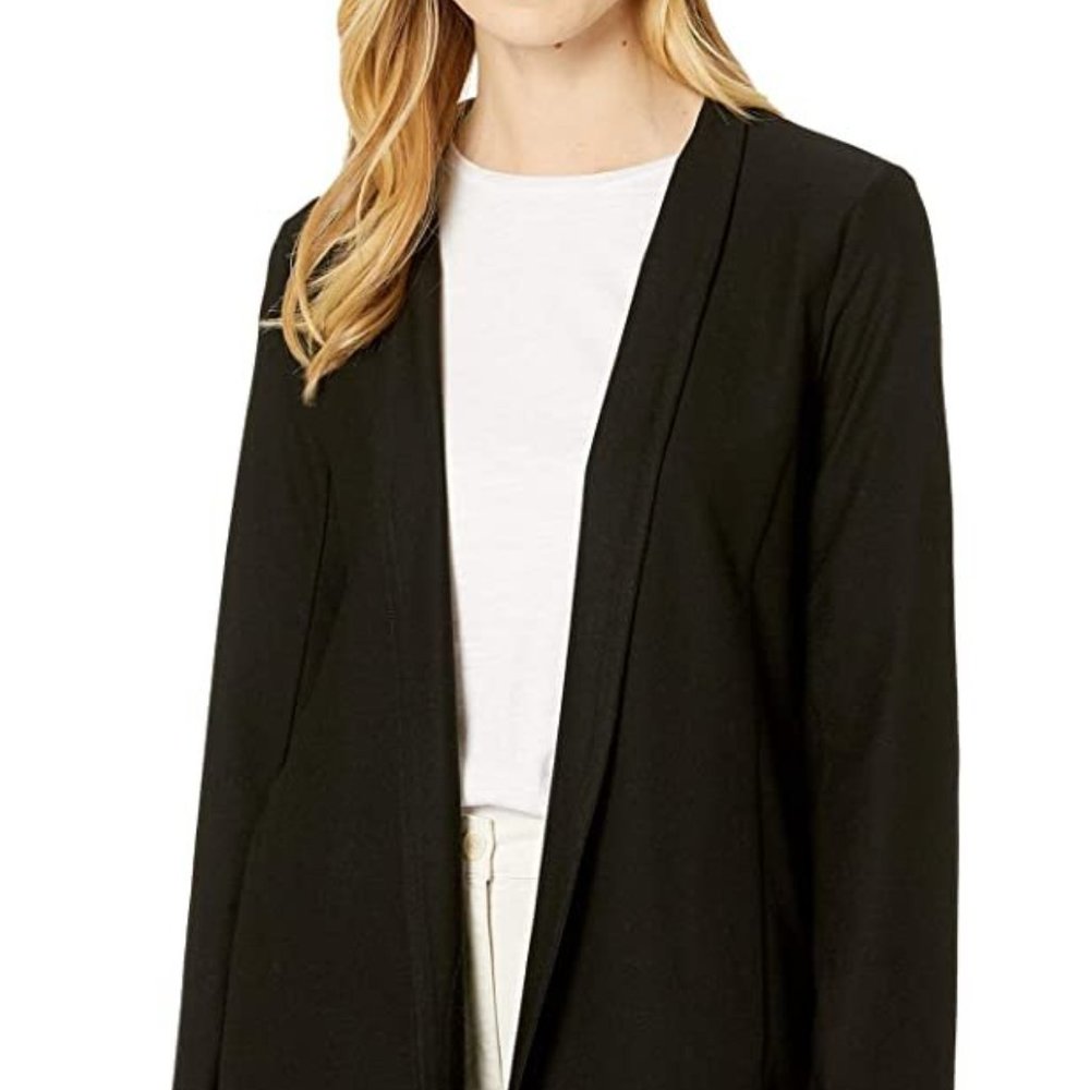 Eileen Fisher Black Silk Lined Open Front Pointed Hem Blazer Size Small